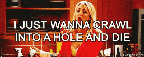 a woman in a red shirt says i just wanna crawl into a hole and die ..