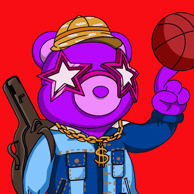 a purple teddy bear is holding a basketball and wearing sunglasses with stars on them