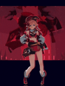 a girl in a red dress is dancing in front of a red background