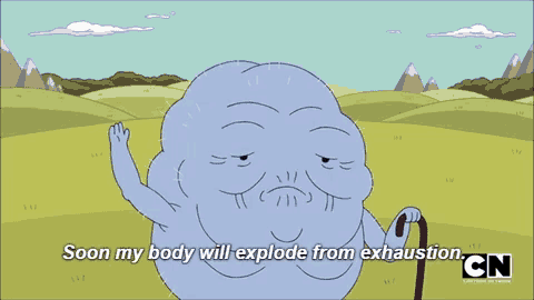 a cartoon character with a cane and the words soon my body will explode from exhaustion