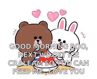a brown bear and a white rabbit with hearts around them