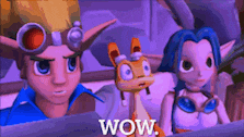 a video game character says wow while sitting next to two other characters