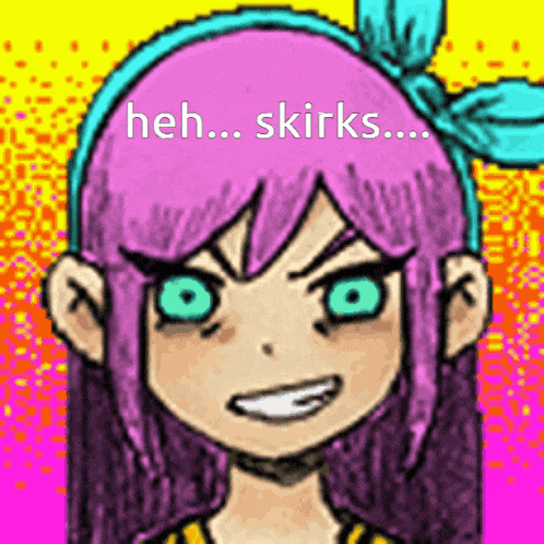 a pixel art drawing of a girl with pink hair and green eyes with the words heh ... skirks ... above her head