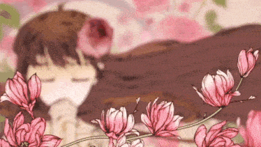 a cartoon of a girl surrounded by pink flowers .