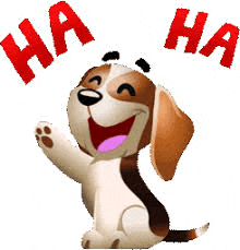 a cartoon dog is laughing and waving its paw while sitting down .