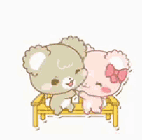 two teddy bears are sitting on a bench in front of a heart and the words `` hugs '' .
