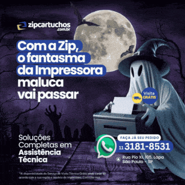 an advertisement for zip cartuchos shows a ghost in a witch costume