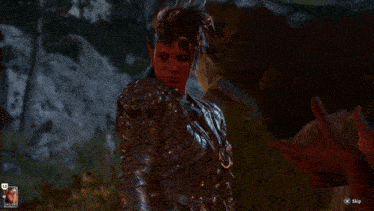 a screenshot of a video game shows a woman with red horns