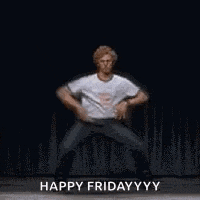 a man in a white shirt is dancing in front of a black background with the words `` happy friday '' .