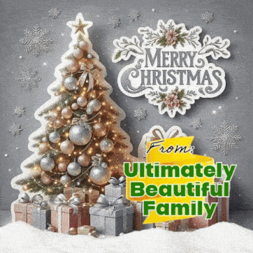 a christmas card with a christmas tree and presents and the words merry christmas from the ultimately beautiful family