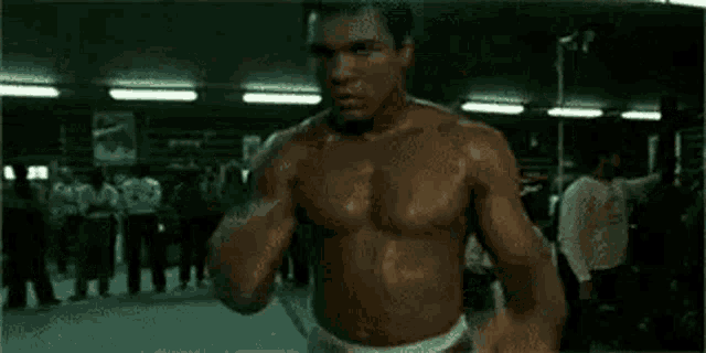 a man without a shirt is standing in a boxing ring in front of a crowd .
