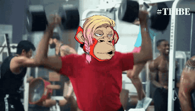 a cartoon of a monkey lifting a dumbbell with the hashtag #tribe
