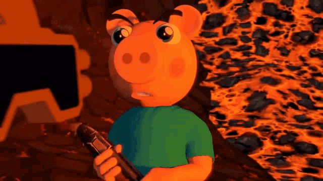 a cartoon pig is holding a gun in front of a lava background