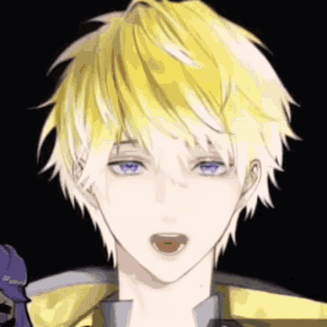 a close up of a person 's face with a yellow hair and purple eyes .