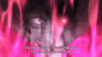 a close up of a person 's face with red eyes and the words `` you need to save your trump cards for just the right moment ''