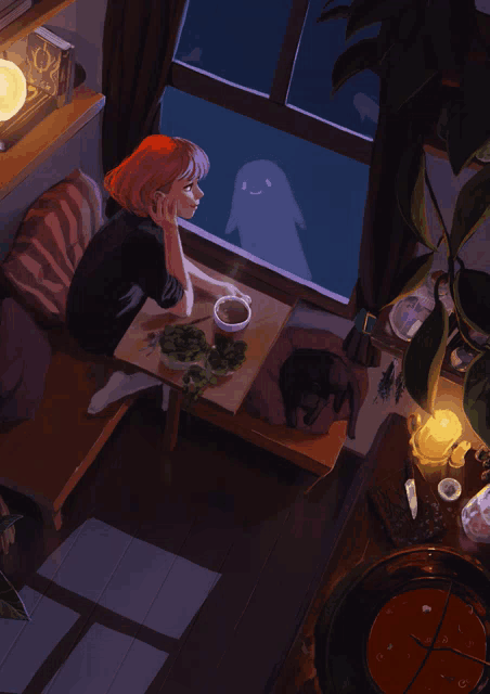 a woman sits at a table with a cup of coffee looking out a window at a ghost