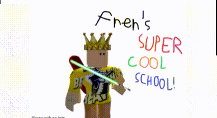 a drawing of a boy holding a light saber with the words fren 's super cool school written below him