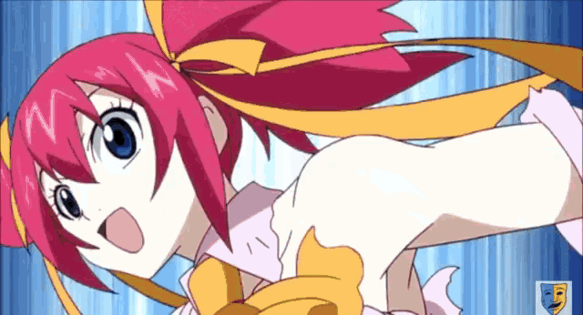 a cartoon girl with pink hair and a yellow bow on her head