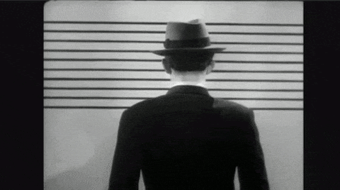 a man in a suit and fedora is standing in front of a police line up .