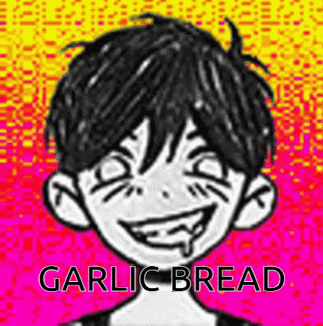 a black and white drawing of a boy with a smiley face and the words garlic bread below him .