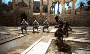 a group of men are playing a video game and one of them is kneeling down