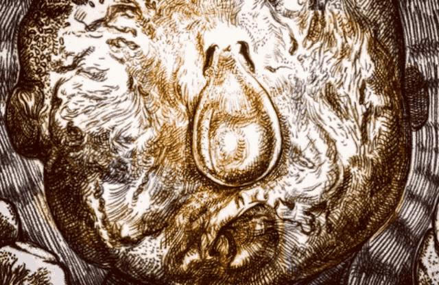 a close up of a drawing of a face with a tear coming out of it