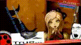 a doll with a cat on her head is sitting on a shelf .