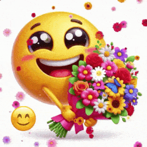 a smiley face is holding a bouquet of flowers in its hand .