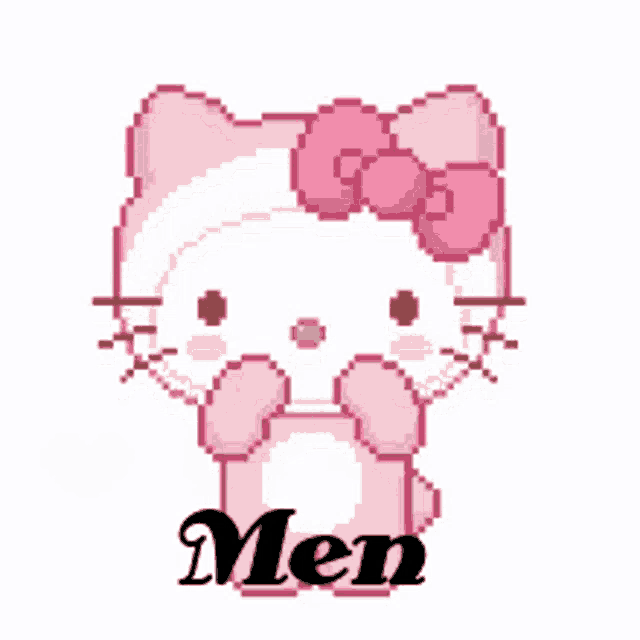 a pixel art of hello kitty wearing a pink bow tie and the name men