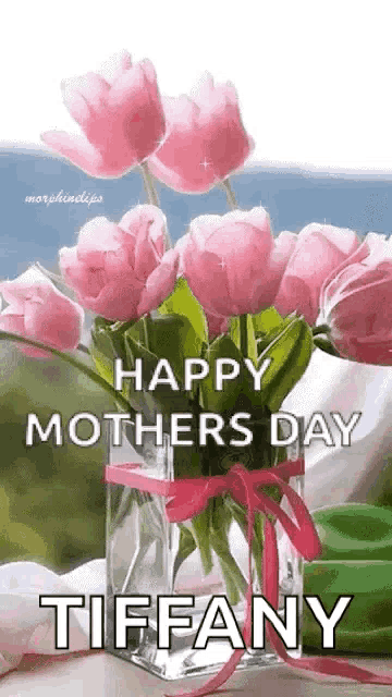 a vase filled with pink flowers with the words `` happy mother 's day tiffany '' written on it .