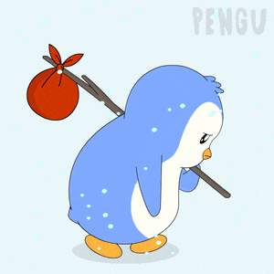 a penguin carrying a bag and a stick with the word pengu on the bottom right