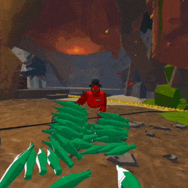 a red monkey wearing a top hat and sunglasses is standing next to a stack of green gloves