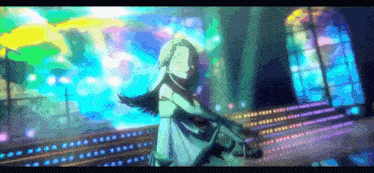 a girl in a white dress is dancing on a stage in front of a window .