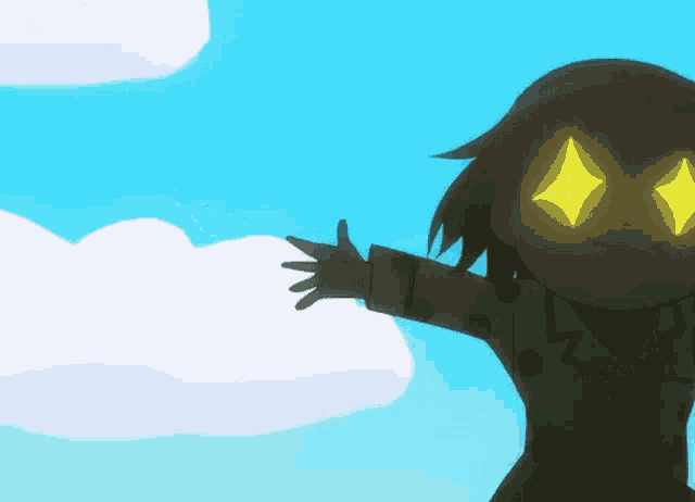 a cartoon character with glowing eyes stands in front of a cloudy sky