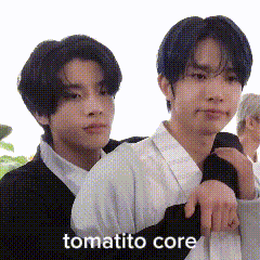 a couple of young men standing next to each other with the words tomatito core below them .