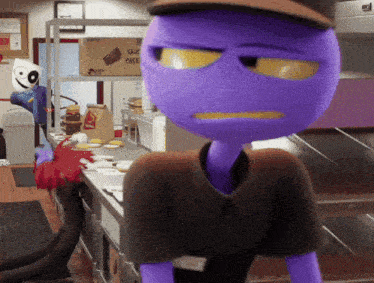 a purple cartoon character is standing in a kitchen with a cardboard box behind him that says " caution pack "