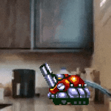 a pixel art of a robot with a sword on a counter