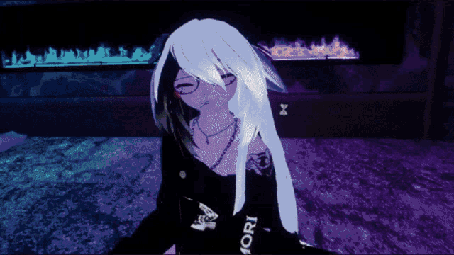 a girl with white hair wearing a shirt that says mori
