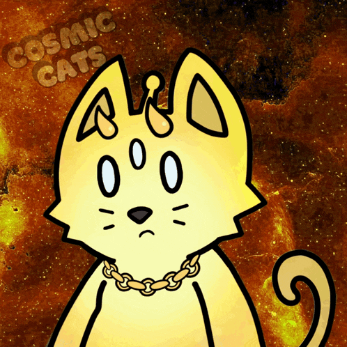 a cartoon drawing of a cat with the words cosmic cats behind it