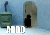 a penguin is standing in front of a door with the word addo on the bottom
