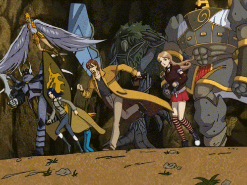 a group of cartoon characters are standing next to each other and one of them has the letter o on it