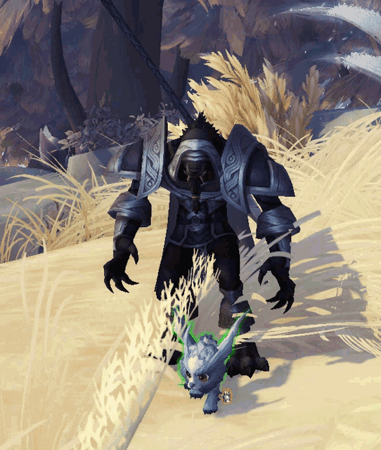 a video game character in armor stands next to a small animal with horns