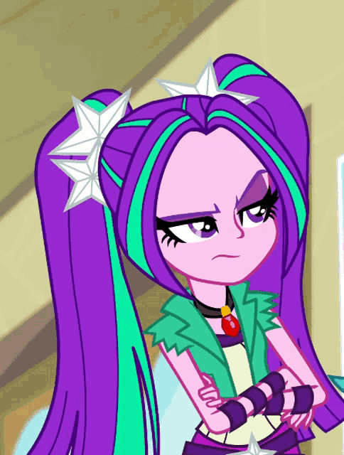 a cartoon of a girl with purple hair and a star in her hair