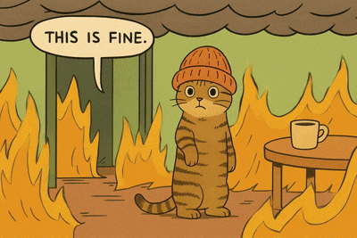 a cartoon cat is standing in front of a fire saying this is fine