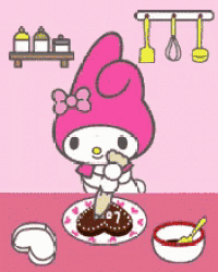 a cartoon drawing of my melody decorating a heart shaped cake