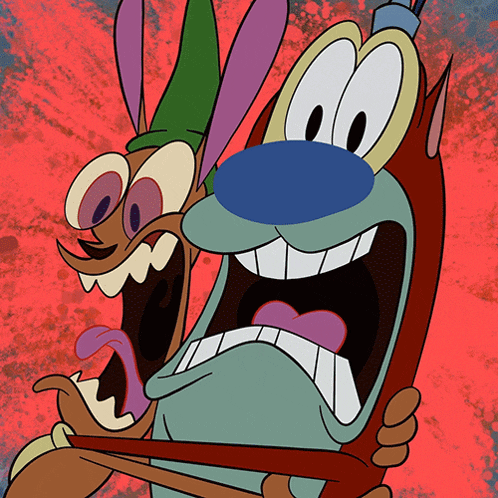 two cartoon characters with their mouths open and their tongues sticking out