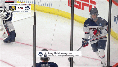a hockey player named joey muldowney is on the ice during a game between quinnipac and uconn