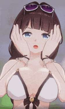 a girl wearing sunglasses and a bikini top is covering her face with her hands