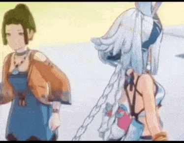 two anime girls are standing next to each other on a white surface .