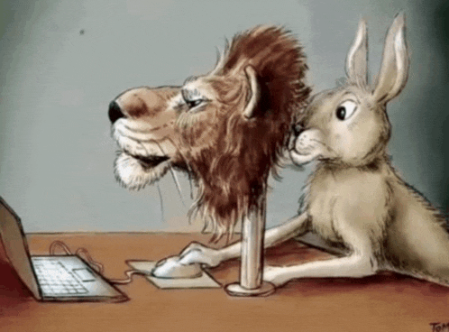 a cartoon drawing of a lion and a rabbit using a laptop computer